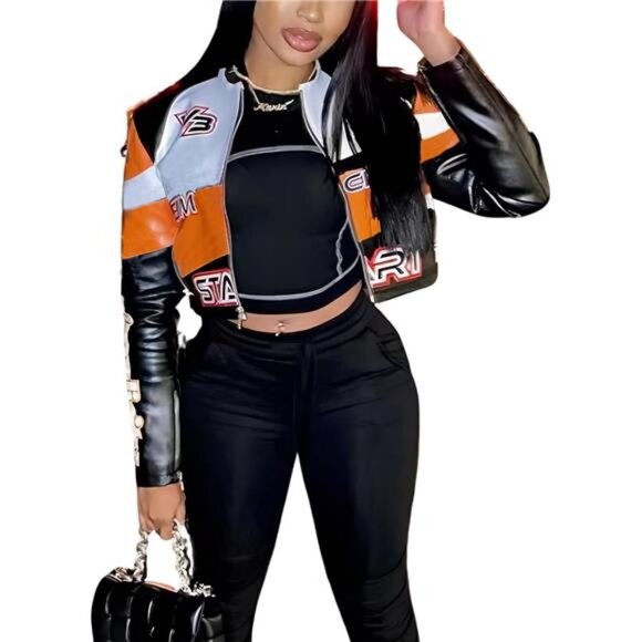 Zipper Moto Biker Short Leather Jacket Women Bomber Jacket Faux Leather Jacket